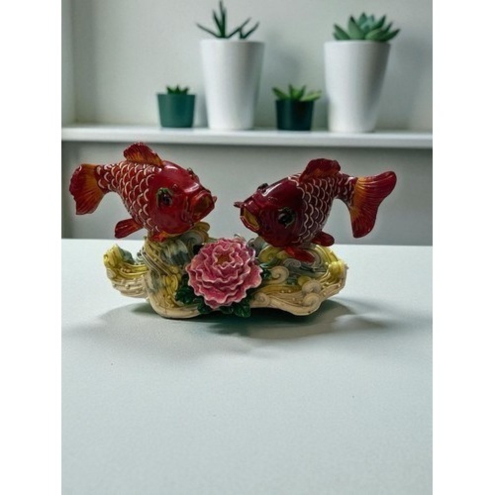 Vintage Koi Fish Lucky Charm Figurines Feng Shui Shelf Decor Statue 8"